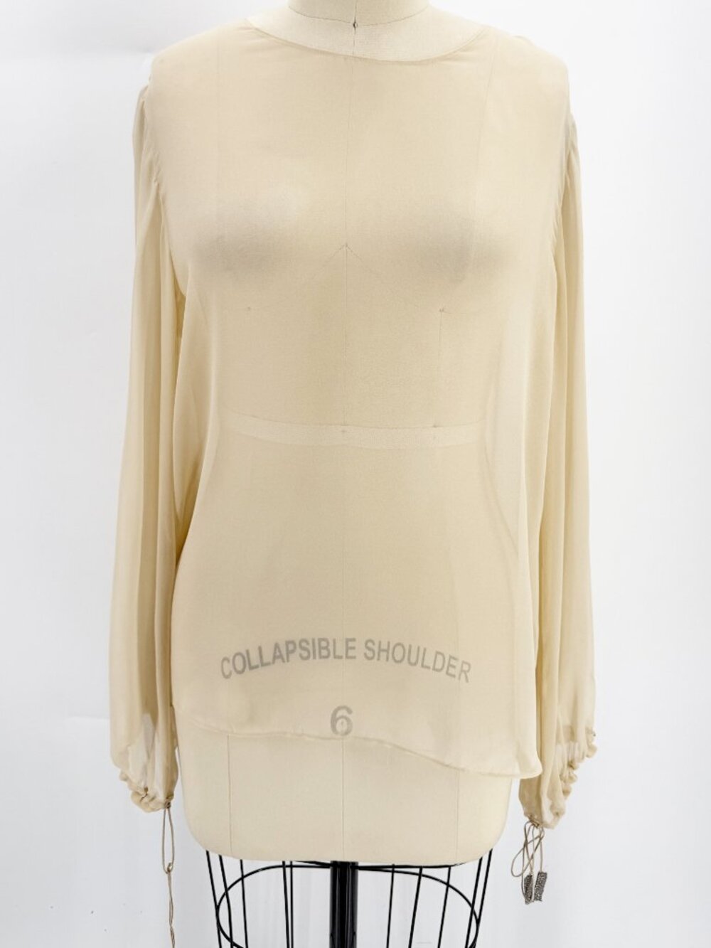 Neutral Beige Sheer LSV Rhinestone Tie Cuff Blouse M - Picture 1 of 9